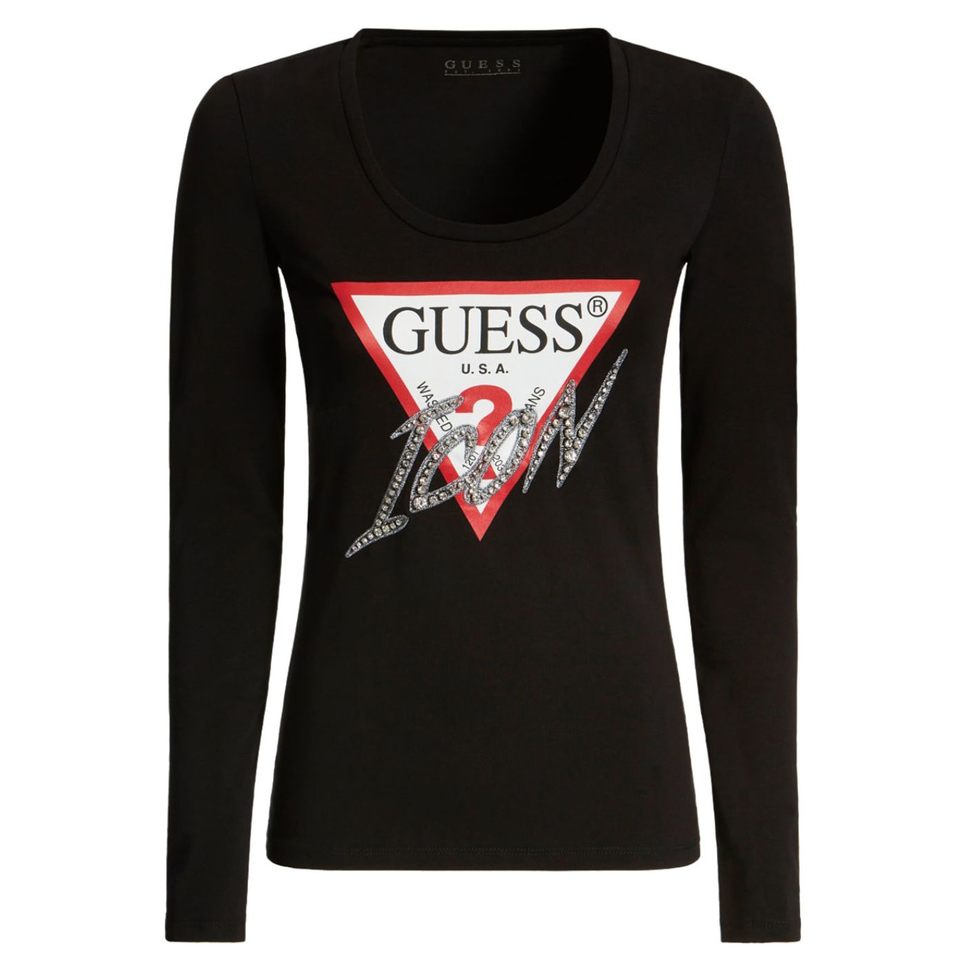 Guess Hosszú Ujjú Strasszos Felső | Fekete LOGÓS