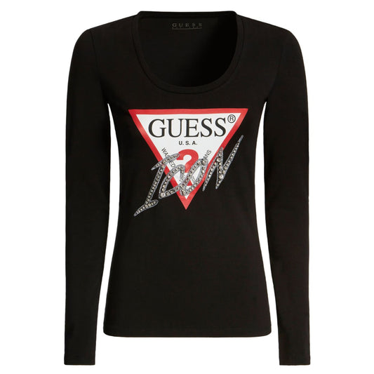 Guess Hosszú Ujjú Strasszos Felső | Fekete LOGÓS